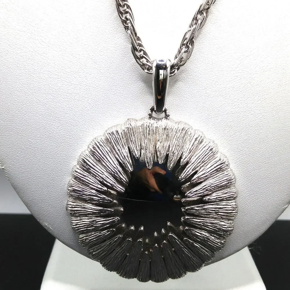 Vintage Monet Rhodium Plated Modernist Pendant Necklace 1960s